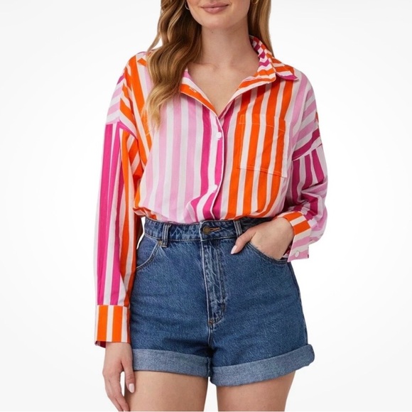 Beach Riot • Alexa Coverup Button Down Top Shirt Petite Large PL Sunset Stripes - Picture 8 of 8